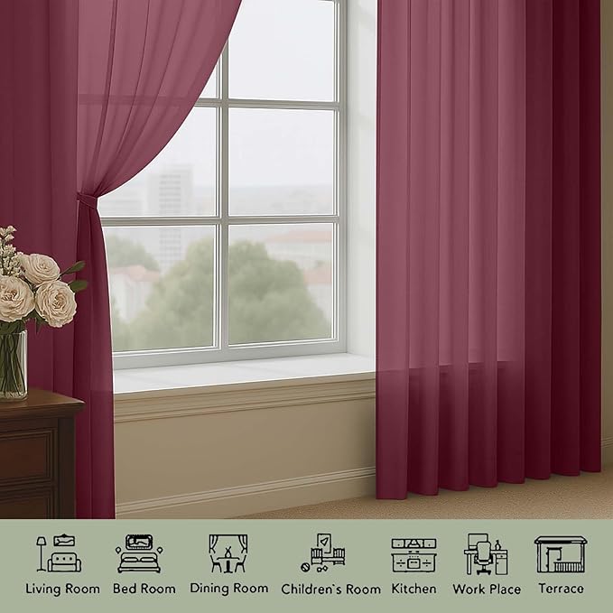 OWENIE Burgundy Sheer Curtain 90 Inches Long 2 Panels Set, Solid Filmy Drapes for Living Room Bedroom, Elegant Window Sheer Curtain Panels Drapes, 2 Pcs, Each 59W x 90L Inch