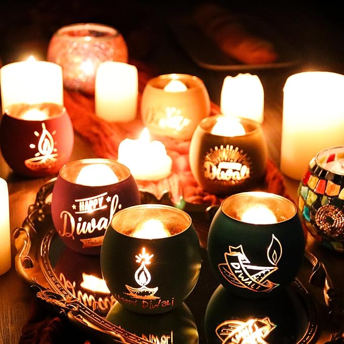 SHMILMH Diwali Gifts 6 PCS Happy Diwali Decorations for Home, Colorful Glass Tealight Votive Candle Holder for Party, Table Centerpiece Deco