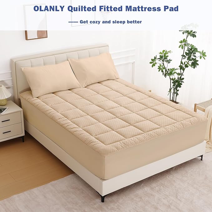 OLANLY King Quilted Fitted Mattress Pad – Soft Pillow Top Mattress Topper, Down Alternative Fill, Cooling Comfort Breathable Mattress Cover, Machine Washable Deep Pocket Mattress Protector, Beige