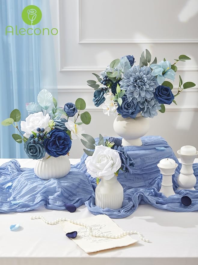 Alecono Artificial Flowers, Dusty Blue Fake Flowers Combo Box for DIY Wedding Bridal Bouquets, Cake Party Table Centerpieces Home Decor
