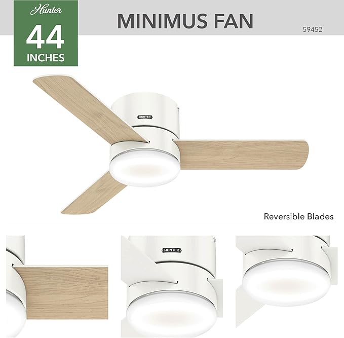 Hunter 44 inch Indoor Ceiling Fan with Light and Remote Control - For Bedroom or Living Room, Low Profile Mount, White Modern Ceiling Fan with LED Light, Quiet, 3 Blades - Minimus 59452, Fresh White
