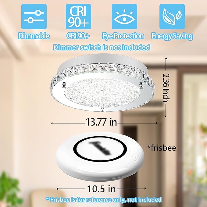 Crystal Flush Mount Ceiling Light Fixture 13.8" Hallway Lighting Fixtures Ceiling Crystal Ceiling Light Fixture Chrome for Kitchen, Bathroom, Bedroom, Closet