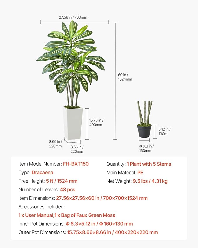 VEVOR Artificial Dracaena Tree 5 ft, Fake Palm Tropical Plants with White Tall Planter, Faux Floor Silk Plant in Pot, Large Trees for Home Office Living Room Decor House Warming, Indoor Outdoor