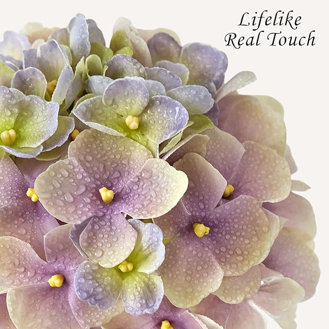 Hydrangea Artificial Flowers, 4PCS 21" Latex Real Touch Vintage Lifelike Silk Flowers,Faux Hydrangea Bouquet Fake Flowers for Wedding Centerpieces Tables Party Outdoor Home (Green/Puple)