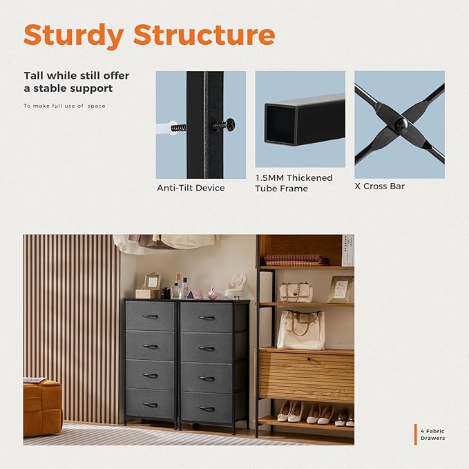 Sweetcrispy Dresser for Bedroom, Storage Drawers, Skinny Fabric Storage Tower with 4 Drawers, Tower Organizer Unit, Chest of Drawers with Wooden Top for Closet,Entryway,Grey