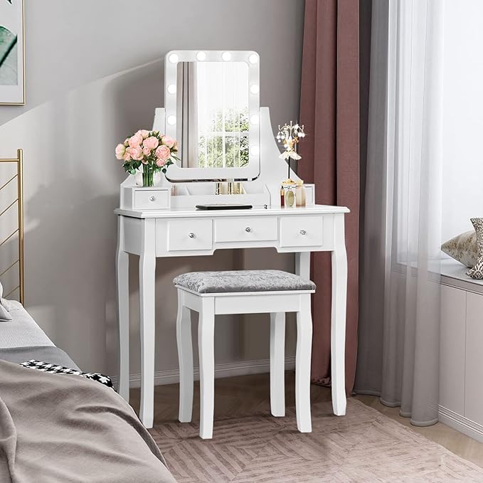 CHARMAID LED Vanity Desk with Lighted Mirror, 10 Dimming Bulbs, 5 Drawers, 3 Storage Organizers, Makeup Vanity Desk with Stool, Bedroom Dressing Table, Gift for Girls Women (White)