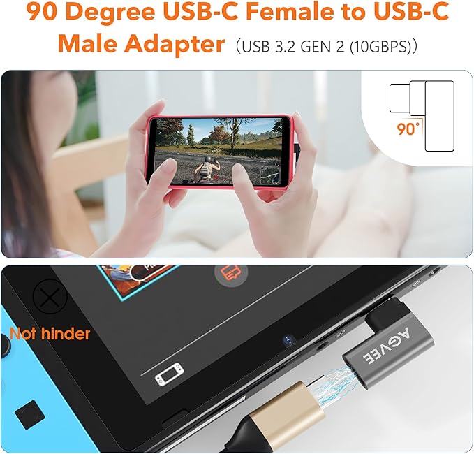 AGVEE 4 Pack Side Angle 90 Degree USB-C Male to USB-C Right Angled Female Adapter (Type-C 3.2 Gen 2) Converter Video Type-C 10G Data Extension Coupler Converter Connector, Black
