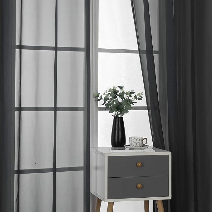 KEQIAOSUOCAI 63 inches Long Living Room Sheer Curtains - Eyelet Top Voile Sheer Draperies Privacy for Villa, W 54 by L 63 inch Length, 2 Panels,Jet Black