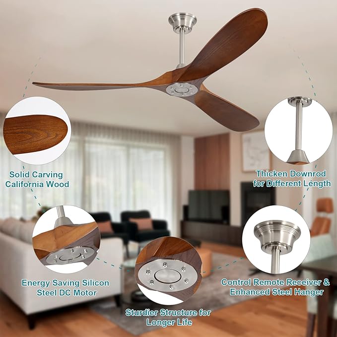 Sofucor Ceiling Fan Without Lights, 60 Inch Low Profile Flush Mount Mordern Wood Ceiling Fan with Remote for Indoor Farmhouse Bedroom Living Room Outdoor Patio Porch, Reversible DC Motor, Noiseless