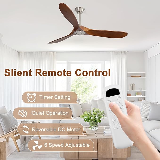 Sofucor 60 Inch Ceiling Fan No Light, Solid Wood Ceiling Fans Without Lights for Indoor/Outdoor, Remote Control, Reversible DC Motor, 3 Blades Modern Ceiling Fans for Patio, Living Room, Farmhouse