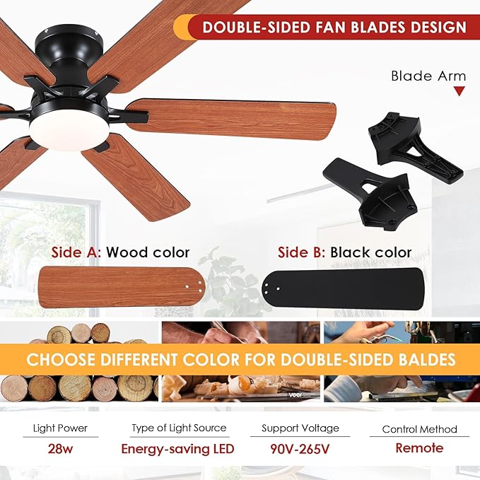 Ceiling Fans with Lights- 52" Low Profile Indoor Ceiling Fan with Light and Remote/APP Control, Flush Mount, 6 Blade, LED Dimmable DC Reversible Modern Ceiling Fan for Bedroom（Brown）