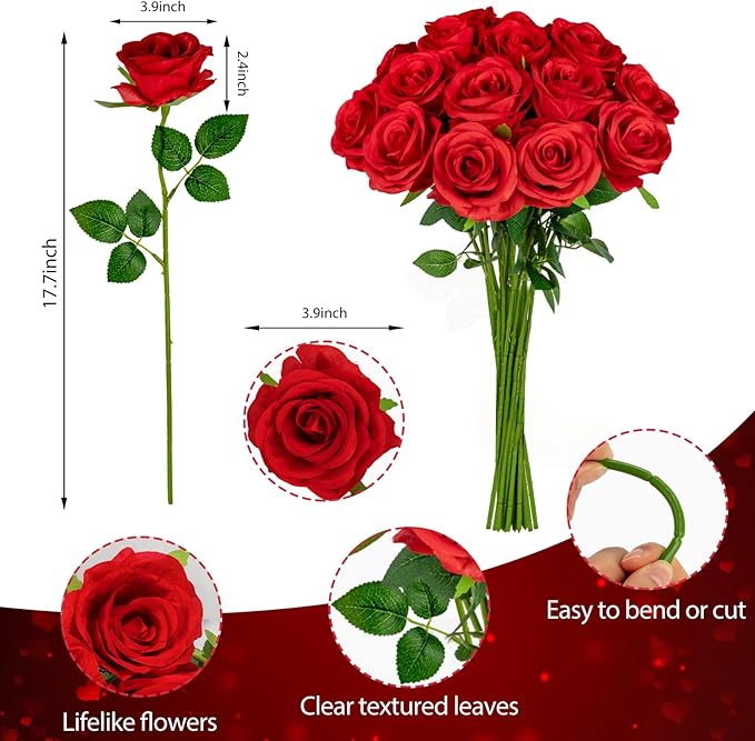 Ouddy Decor 20 Pcs Red Roses Artificial Silk Flowers Fake Roses Bouquet with Long Stems for Valentines Day Decor Wedding Home Party Table Centerpieces Bridal Bouquet DIY Floral Arrangment, Red