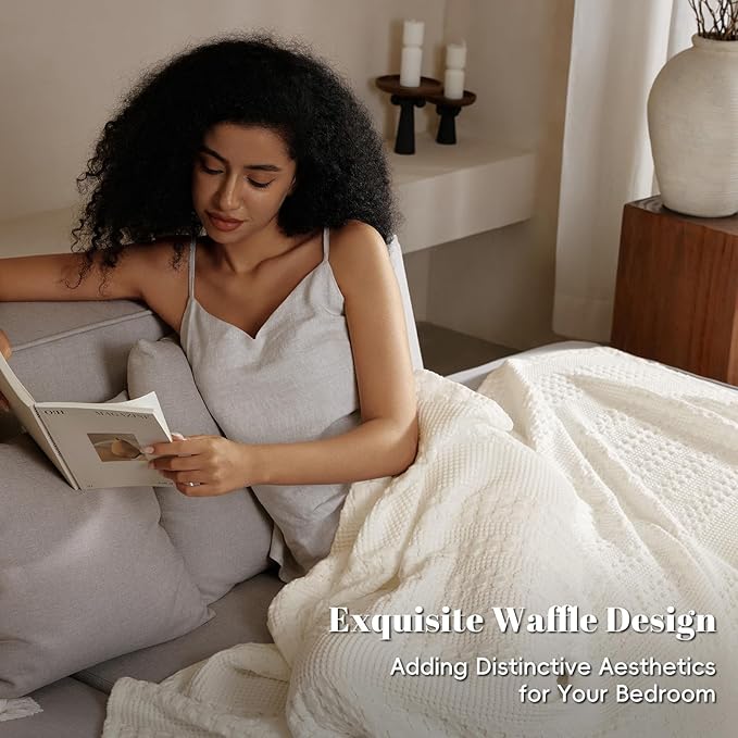 PHF 100% Cotton Waffle Weave Blanket King Size for Bed, Soft Lightweight & Breathable, All-Season Comfort, Luxury Aesthetic Woven Bedding for Home Decor, 108"x90", Ivory