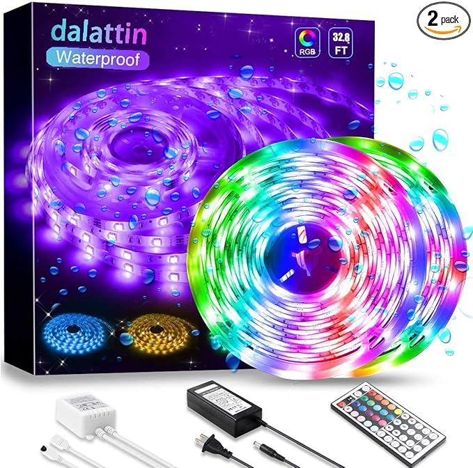 dalattin Waterproof Led Lights Outdoor Led Strip Lights 32.8ft RGB 300 LEDs Color Changing Led Rope Lights with 44 Keys IR Remote, 2 Rolls of 16.4ft