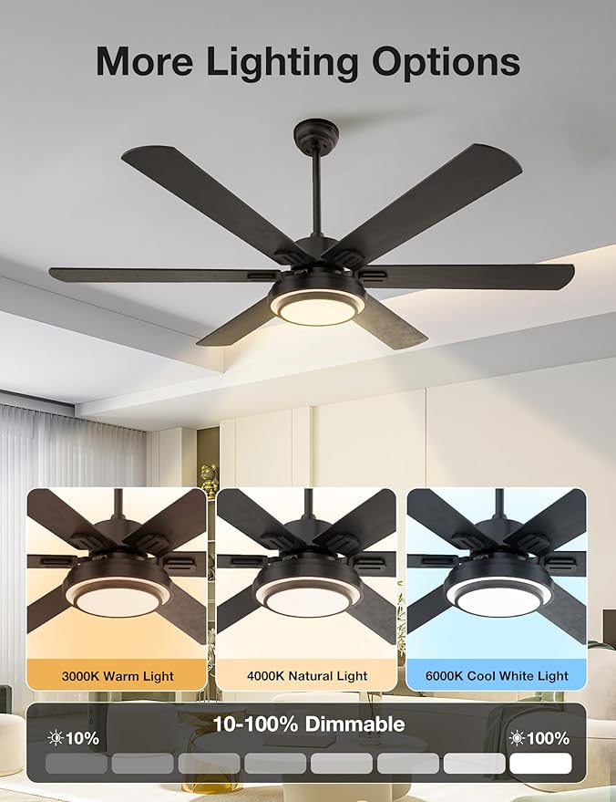 warmiplanet Ceiling Fans with Lights and Remote Control, 62 Inch, 6 Speeds Reversible DC Motor, 3 Color Dimmable Light, Timer, Noiseless, Black, 6 Blades