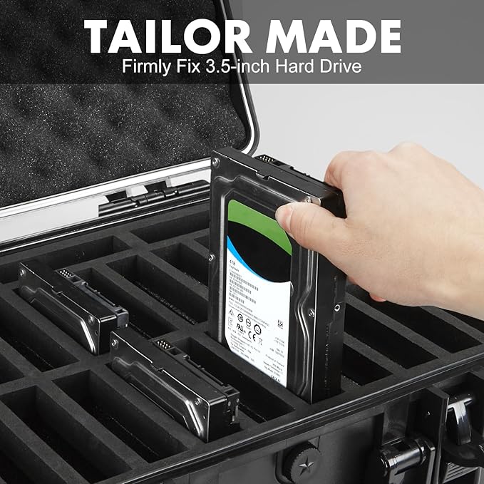 Hard Drive Case Fits 25-Bay Protection 3.5" HDD | High-Density Protective Foam | External Hard Drive Organizer Storage Box Travel Carrying Suitcase with Handle