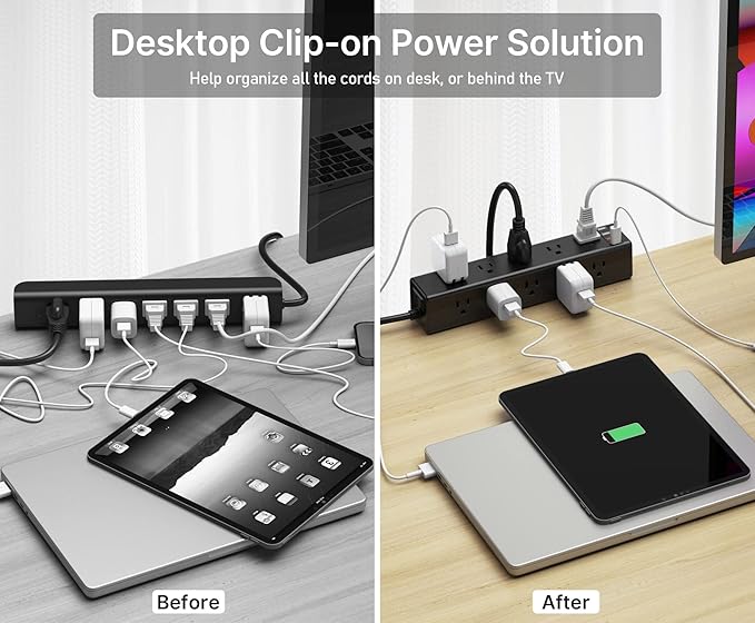 CCCEI Standing Desk Clamp Power Strip with 15 Outlets, Black Desktop Edge Mount Surge Protector Outlet, Fast Charging USB-A and 45W USB-C Ports, 15 FT Flat Plug, Black Fit 1.6 inch Table top.