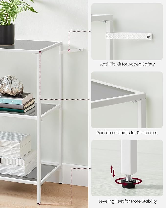 VASAGLE 39.4 Inch Console Table with 3 Shelves, Sofa Tables, Modern Entryway Table, Metal Frame, Tempered Glass Shelf, Entryway Living Room Bedroom, Pearl White and Slate Gray ULGT027W01