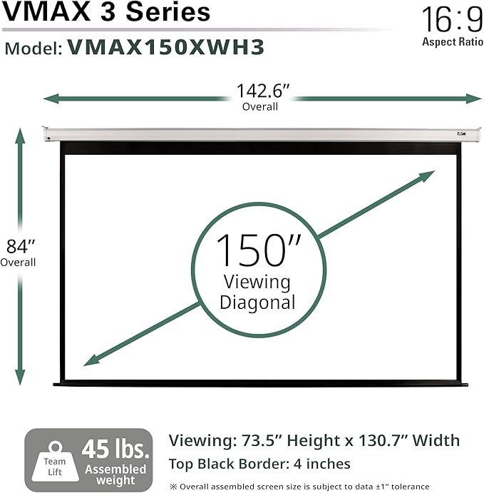 Elite Screens VMAX 3, 150-INCH 16:9, Electric Projector Screen Home Theater Gaming, VMAX150XWH3