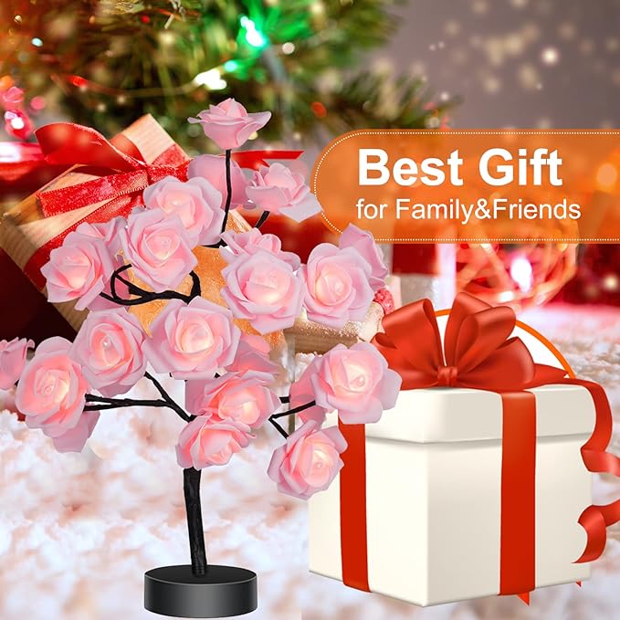 COLORLIFE Birthday Mother's Day Valentine's Day Christmas Gifts for Mom Women Daughter Wife Girlfriend Sister Pink Flower Rose Tree lamp Cute Room Decor for Bedroom Livingroom
