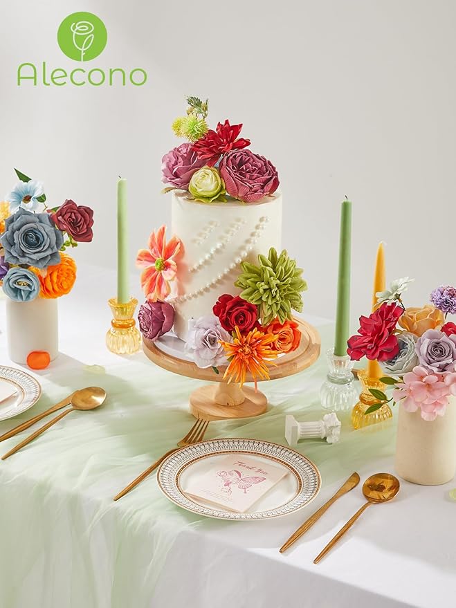 Alecono Artificial Flowers, Colorful Combo Silk Fake Flowers with Stems for DIY Wedding Bridal Bouquets, Floral Arrangement Home Cake Decor