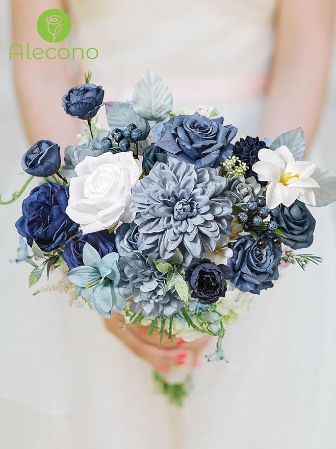 Alecono Artificial Flowers, Dusty Blue Fake Flowers Combo Box for DIY Wedding Bridal Bouquets, Cake Party Table Centerpieces Home Decor