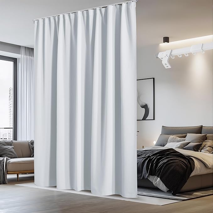 NICETOWN Room Divider Curtain Set with Ceiling Track, Room Darkning Ceiling Track Floor Curtain for Living Room Privacy, Thermal Insulated Drape for Office & Patio, W100 xL96, 1 Panel, Greyish White