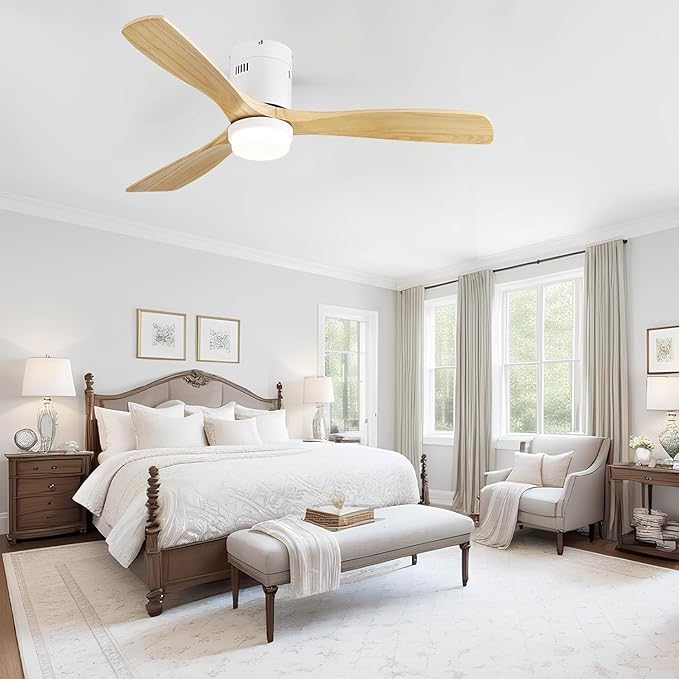 Sofucor 52 Inch Ceiling Fans with Lights, Solid Wood Ceiling Fan with Light Remote Control, Flush Mount Indoor/Outdoor Ceiling Fans, Reversible DC Motor, 3 Blade Ceiling Fan Light for Bedroom Patio