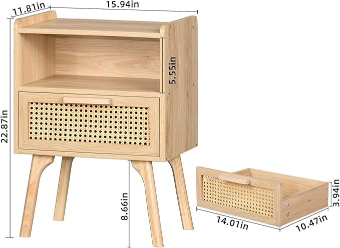 Lerliuo Rattan Nightstand, Boho Side Table with Drawer Open Shelf, Cane Accent Bedside End Table with Solid Wood Legs for Bedroom, Dorm and Small Spaces (Natural)