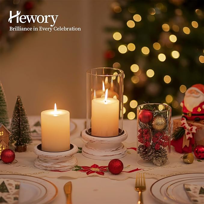 Hewory Hurricane Glass Candle Holder: Rustic White Candle Holders for Pillar Candles, Vintage Decorative Wood Stand with Clear Cylinder Glass for Table Centerpiece Fireplace Mantel Farmhouse Decor