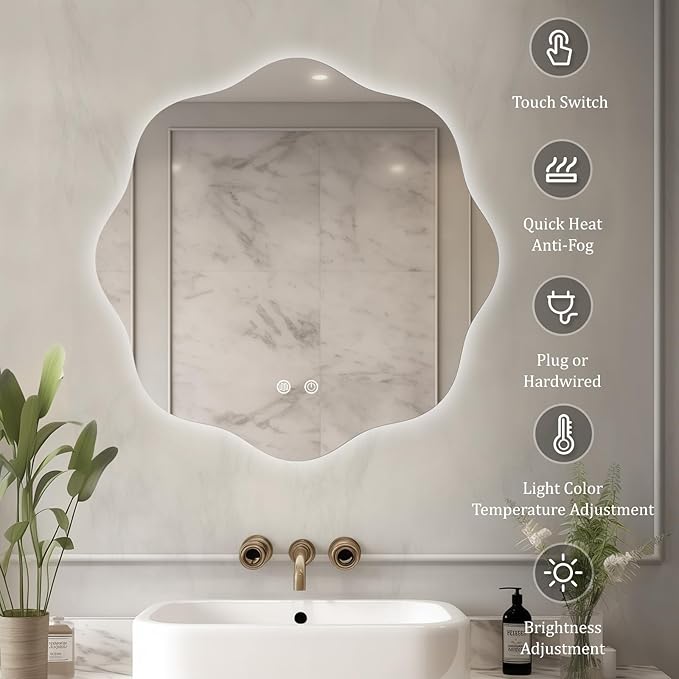WallBeyond LED Bathroom Mirror with Lights, 20'' Wavy Round Light Up Bathroom Mirror, Anti Fog Led Mirror for Bathroom, 3 Colors and Dimmable Light