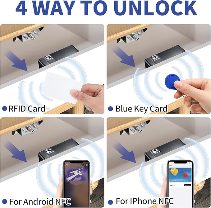RFID Cabinet Lock, RFID Drawer Electronic Locks Support Phone NFC Unlocking for Locking Wooden Hidden Medicine Knife Liquors Cabinet Drawer to Prevent Theft or Children from Touching