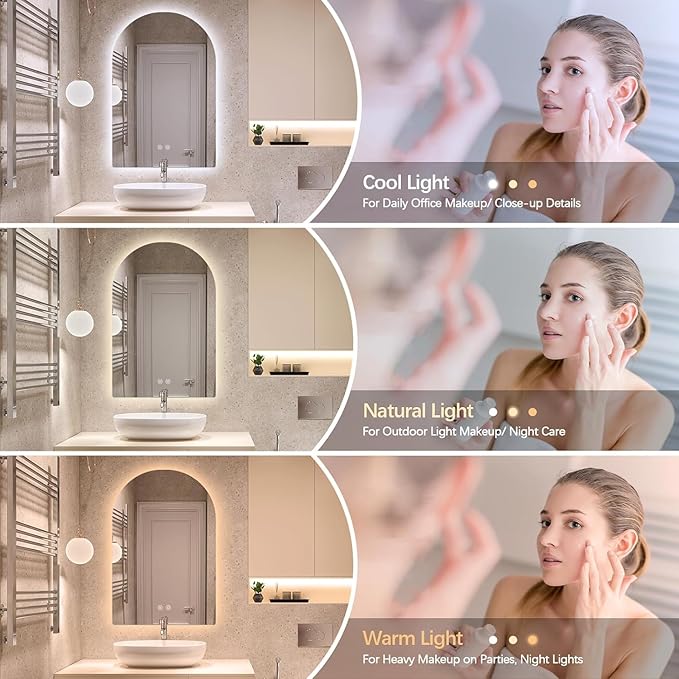 Niccy Arched LED Bathroom Mirror, 48x30 Inch Arch Frameless Backlit Mirrors for Wall Arched Lighted Vanity Mirrors Defogger and 3 Color, Explosion-Proof, HD Glass and IP65 Waterproof