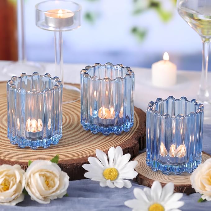 Glass Blue Votive Candle Holder, Ribbed Votive Candle Holders Set of 12, Tealight Candle Holder for Wedding Centerpieces Dinner Party Table Decor