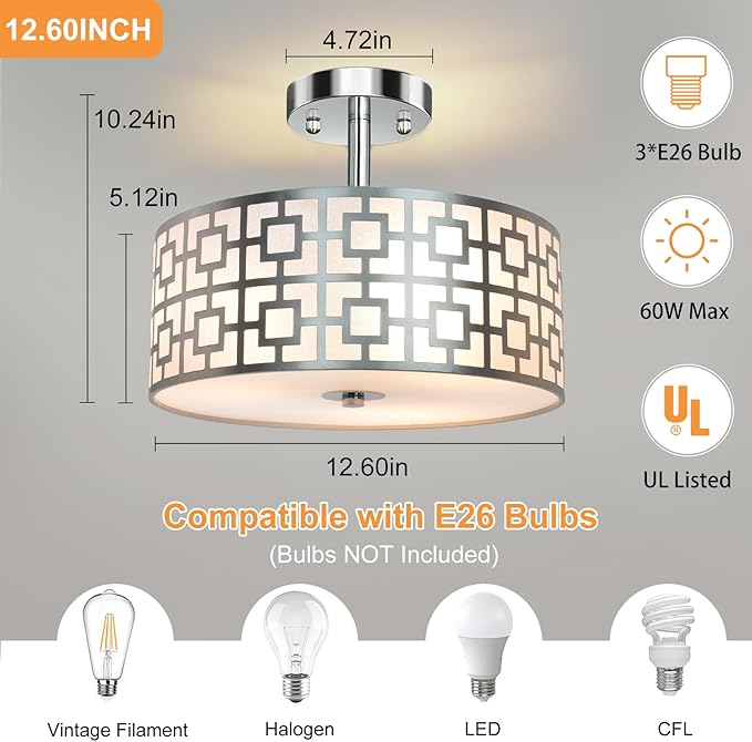 DLLT Flush Mount Ceiling Light: Modern 3-Light Brushed Nickel Kitchen Light Fixture - Drum Lighting Fixture for Dining Room - Silver Bedroom Ceiling Lamp with Double Shade
