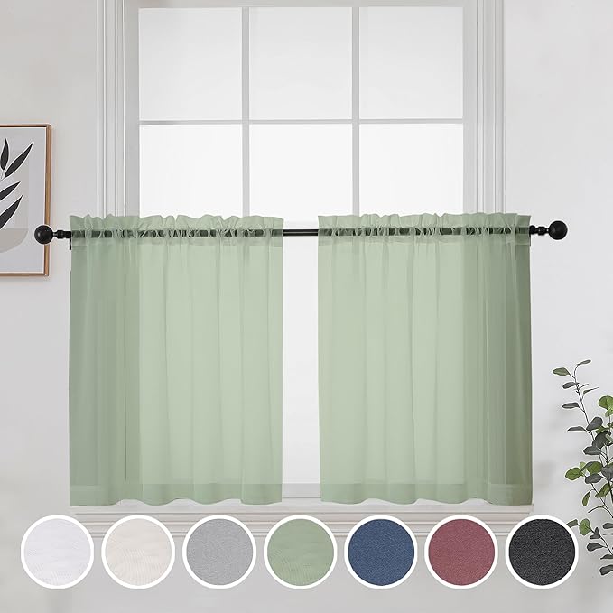 OWENIE Short Sheer Curtains 30 Inches 2 Panels Set, Kitchen Tiers Light Filtering Rod Pocket Cafe Curtains for Kitchen Bathroom Small Half Window, 42 in W x 30 in L, Sage Green