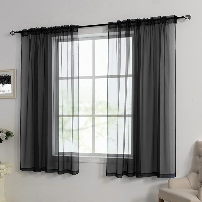 HUTO Black Sheer Curtains 63 Inch Length for Bedroom Rod Pocket Sheer Window Panels for Nursery Living Room, 52" Wx63 L,Set of 2