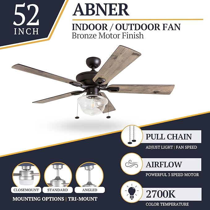 Prominence Home Abner Modern Farmhouse 52 Inch Ceiling Fan with Light, Outdoor Fan/Indoor Tri-Mount LED Ceiling Fan with 5 Blades, Silver Oak and Maple Brown Blade Finish Options, Bronze (80091-01)