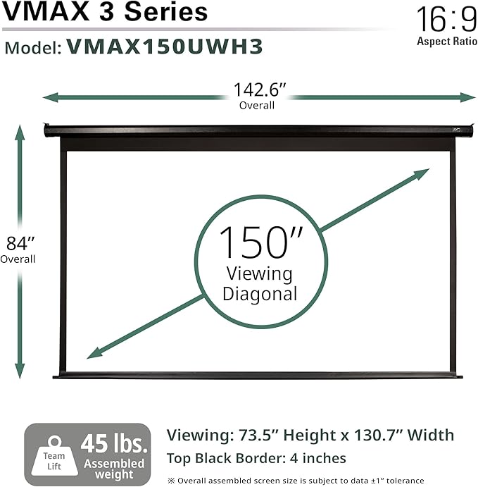Elite Screens VMAX 3, 150-INCH 16:9, Projector Screen Retractable Motorized Drop Down Movie Gaming Entertainment, VMAX150UWH3
