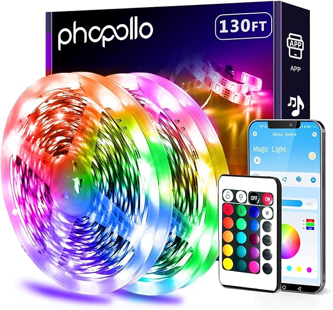 phopollo Bluetooth 24V Led Strip Lights 130ft (2 Rolls of 65.6ft), Color Changing LED Lights for Bedroom, Kitchen Decor, App Control and Music Sync