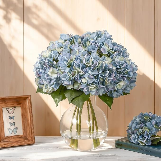 8 Pcs 18 Inch Hydrangea Artificial Flowers Faux Hydrangea Flowers with Stems Fake Bouquet Bulk Realistic Floral for Fall Home Table Christmas Indoor Outdoor Decoration(Blue)