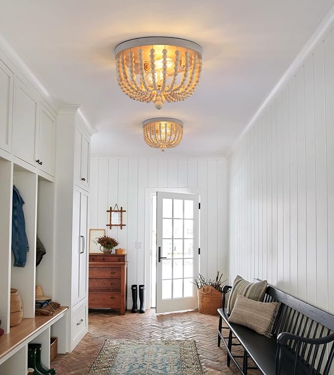 Q&S Boho Chandelier Wood Beaded Flush Mount Ceiling Light Fixtures for Nursery Baby Bedroom Kitchen Hallway,Oak White Finish,2-Lights