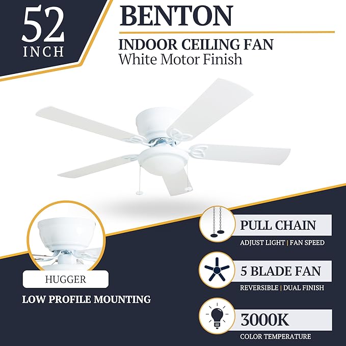 Prominence Home Benton Traditional 52 Inch Ceiling Fan with Light, LED Flush Mount Ceiling Fan, Indoor Fan with 5 Blades, White and Gray Oak Blade Finish Options, White (50852-01)