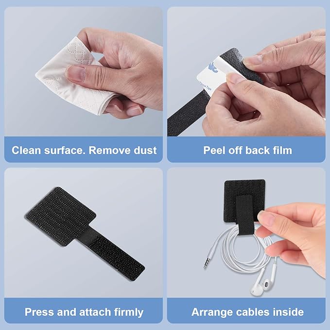 Adhesive Under Desk Cable Management Kit - 45 PCS Sticky Back Velcro Ties + 2 Rolls Extension Straps for No Drill Cord Organization, Home Office (Black)