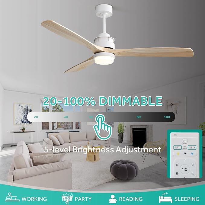Sofucor Ceiling Fan with Lights, 60 Inch Large Mordern Wood Ceiling Fan with Remote for Indoor Farmhouse Bedroom Living Room Outdoor Patio Porch, Reversible DC Motor, Noiseless