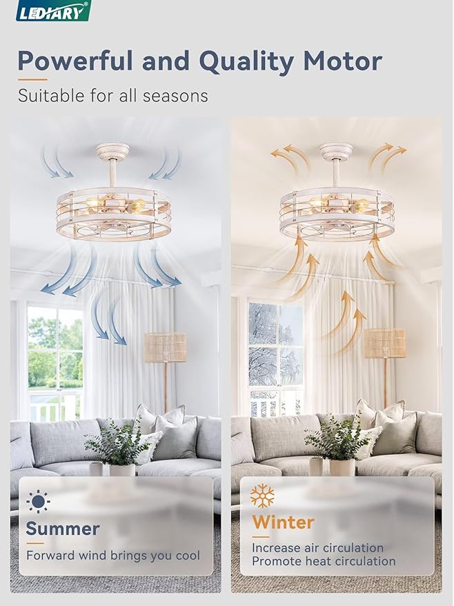 LEDIARY 20 Inch Fandelier Caged Ceiling Fan with Light, Bladeless Ceiling Fan with Remote, Small Farmhouse Fan Lights Ceiling Fixtures for Kitchen, Bedroom-White and Gold