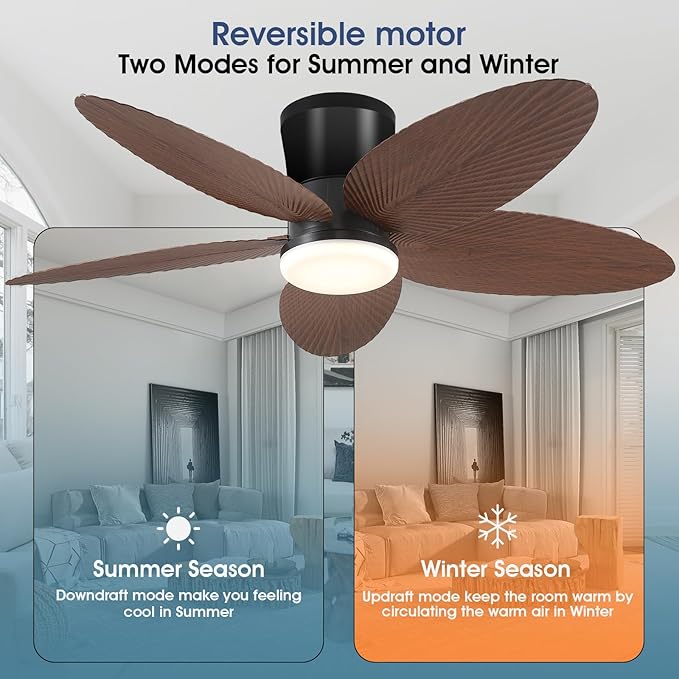 Palm Leaf Ceiling Fans with Lights-42 Tropical Ceiling Fan with Light and Remote/APP Control,Flush Mount Low Profile Ceiling Fans for Bedroom,Indoor/Outdoor Patio Use(Brown)