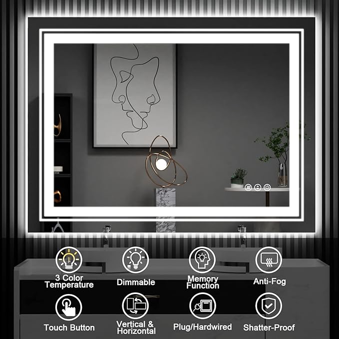 LED Bathroom Mirror, 40"x32" with Front and Backlit, Anti-Fog, Bathroom Vanity Mirror for Wall, Memory Function, Stepless Dimmable, Tempered Glass (Horizontal/Vertical)