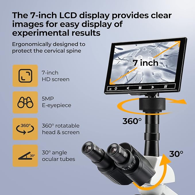 [Research-Grade] Vabiooth Lab Compound Trinocular Microscopes 40X-2500X Magnification with 7" LCD Screen 5MP E-Eyepiece, Two-Layer Mechanical Stage for Animal Husbandry, Pet Hospitals, Lab, Farms