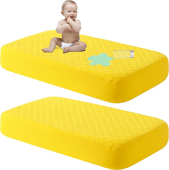 NTBAY 2 Pack Waterproof Crib Mattress Protector, Quilted 28"x52" Toddler Fitted Sheet - Machine Washable - Soft and Breathable Mattress Pad Cover for Crib, Nursery, Daycare, Cot, Yellow
